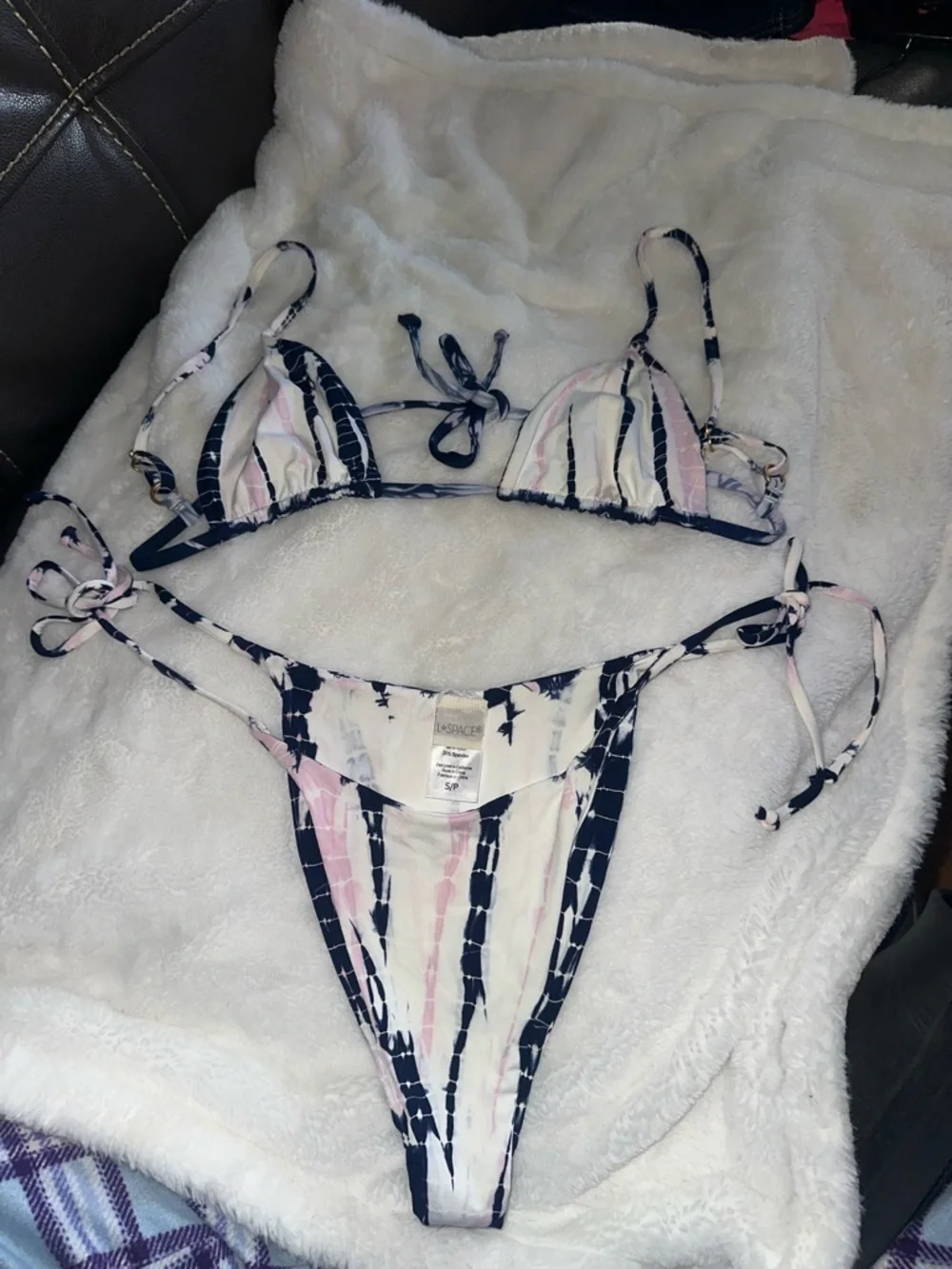 l*space Pink and White Striped Tie-Side Triangle Bikini
